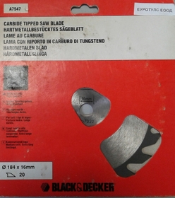Циркулярен диск за Black&Decker A7547 с размери 184 мм x 16 мм и 20 зъба