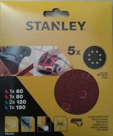 Шкурка за ексцентър шлайф Stanley STA32047 , 125 мм , 5 бр. / 1 х 60G , 1 x 80G, 2 x 120G , 1 x 180G /